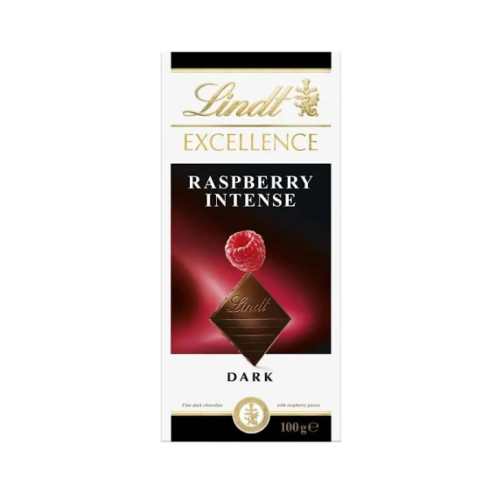 Lindt Excellence Raspberry Intense dark chocolate block inside elegant gift box.
