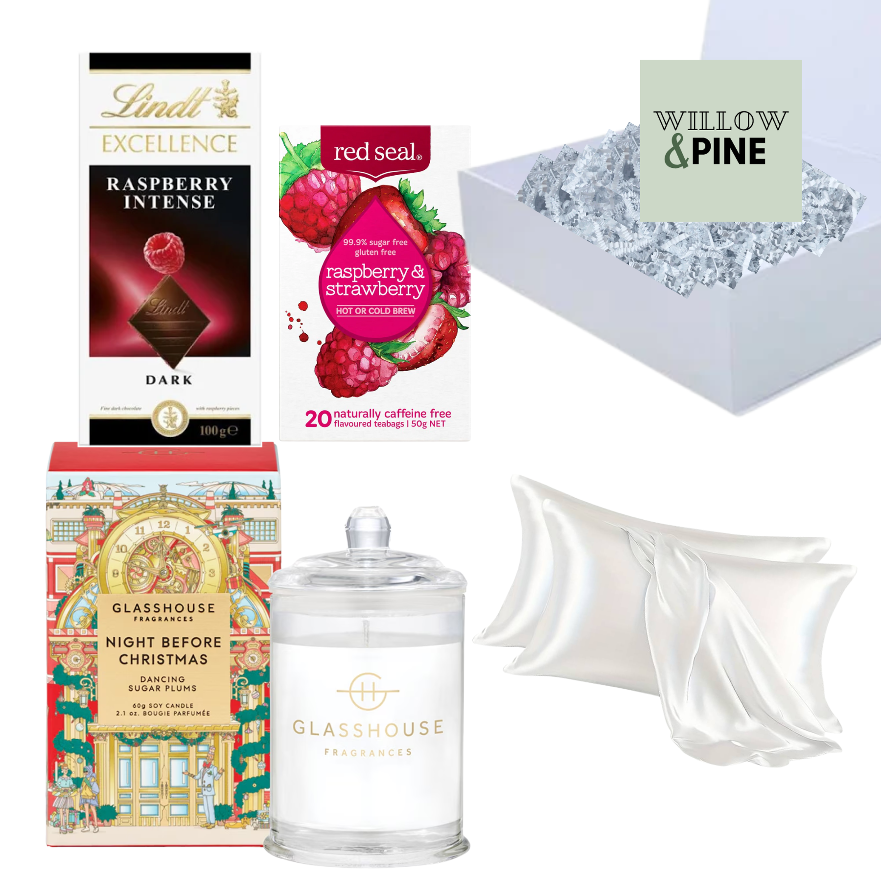 Winter Wonderland Gift Box featuring a soy candle, Lindt chocolate, fruit tea, and satin pillowcase gift set.